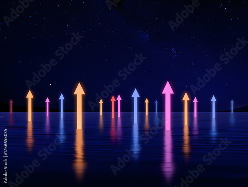 Glowing Arrows Rising from Reflective Water under Starry Night Sky