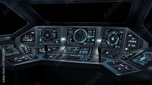 Sci Fi Spaceship Cockpit Interior View With Dark Gray Interior Glowing Blue Displays And Controls Panel