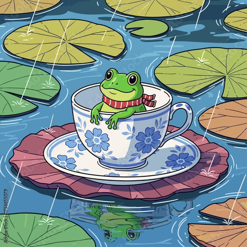 Cartoon frog relaxing in teacup on lily pad in the rain  