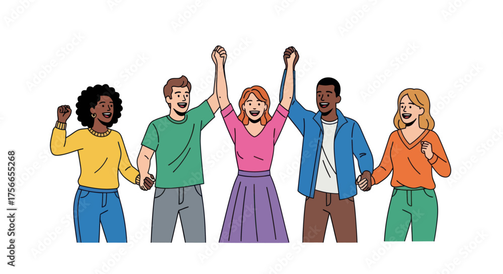 Obraz premium Diverse group of people celebrating together with raised hands 