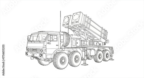 Military truck with missile launcher in technical line drawing style  