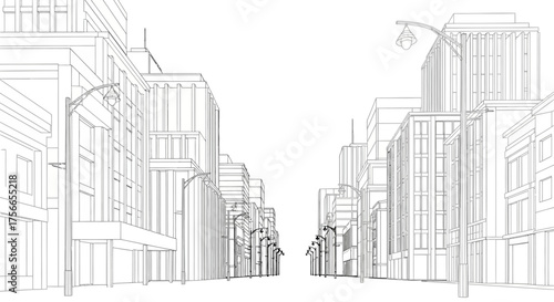 Outline of city street with buildings and street lights in minimalist style  