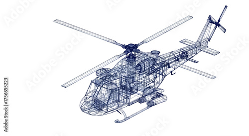 Wireframe illustration of a helicopter from a top view  
