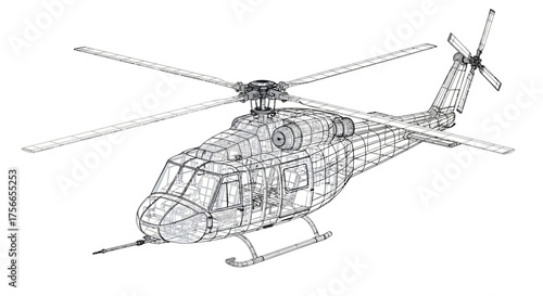 Wireframe model of helicopter aircraft in technical illustration style  