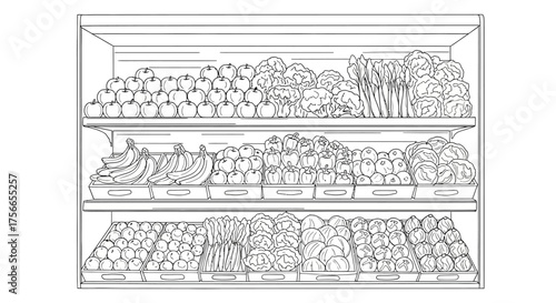Colorful display of fresh fruits and vegetables in grocery store  