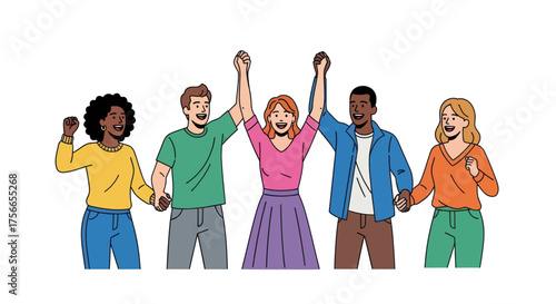 Diverse group of people celebrating together with raised hands  