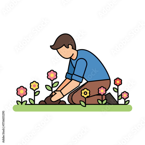 Man gardening and planting flowers in a colorful garden  