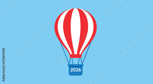 Red and white hot air balloon floats peacefully against a bright blue sky, symbolizing hope and the year 2026, creating a sense of optimism and future aspirations.