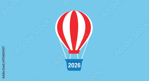 Red and white hot air balloon floats gently in a bright blue sky, symbolizing hope and the year 2026, creating a sense of optimism and forwardlooking anticipation.