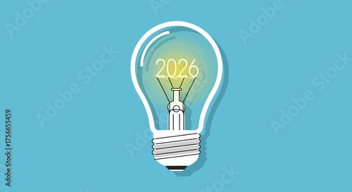 Glowing lightbulb displays '2026' against a blue backdrop, symbolizing innovation and future planning with a bright and optimistic outlook.