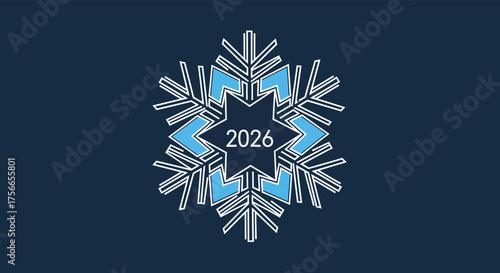 Stylized snowflake displays the year 2026 against a dark blue backdrop, evoking a sense of winter celebration and anticipation for future events.