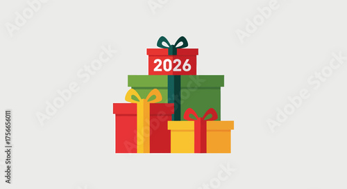 Stack of christmas gifts displaying the year 2026 sitting against a plain background representing holiday cheer and anticipation for the upcoming year.