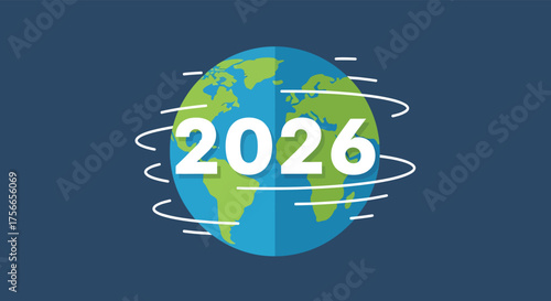 Earth displays the year 2026 with swirling lines around it, symbolizing global events and future predictions on a dark blue backdrop.
