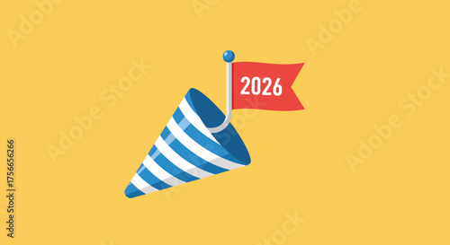 Party hat celebrates the year 2026 with a flag, symbolizing future goals and aspirations on a bright yellow backdrop, conveying optimism and anticipation.