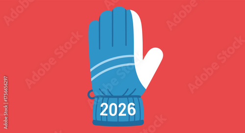 Blue winter mitten displaying the year 2026 against a red backdrop, symbolizing upcoming winter sports events with a minimalist and modern feel.