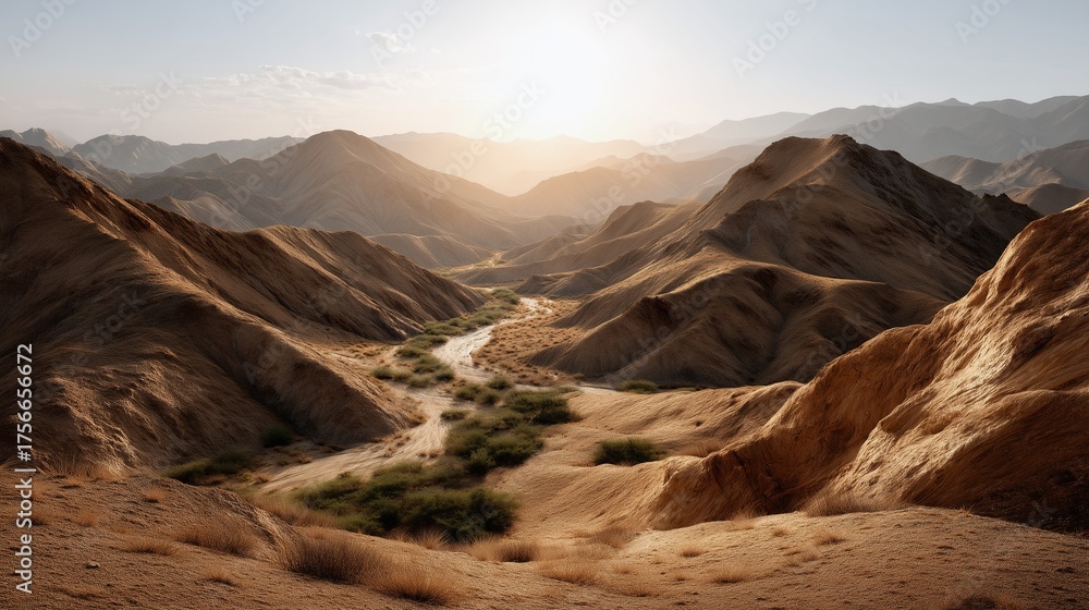 Naklejka premium Golden Vista: A breathtaking landscape of rolling hills, a winding river, and the warm embrace of the sun creating a sense of serenity and wonder.