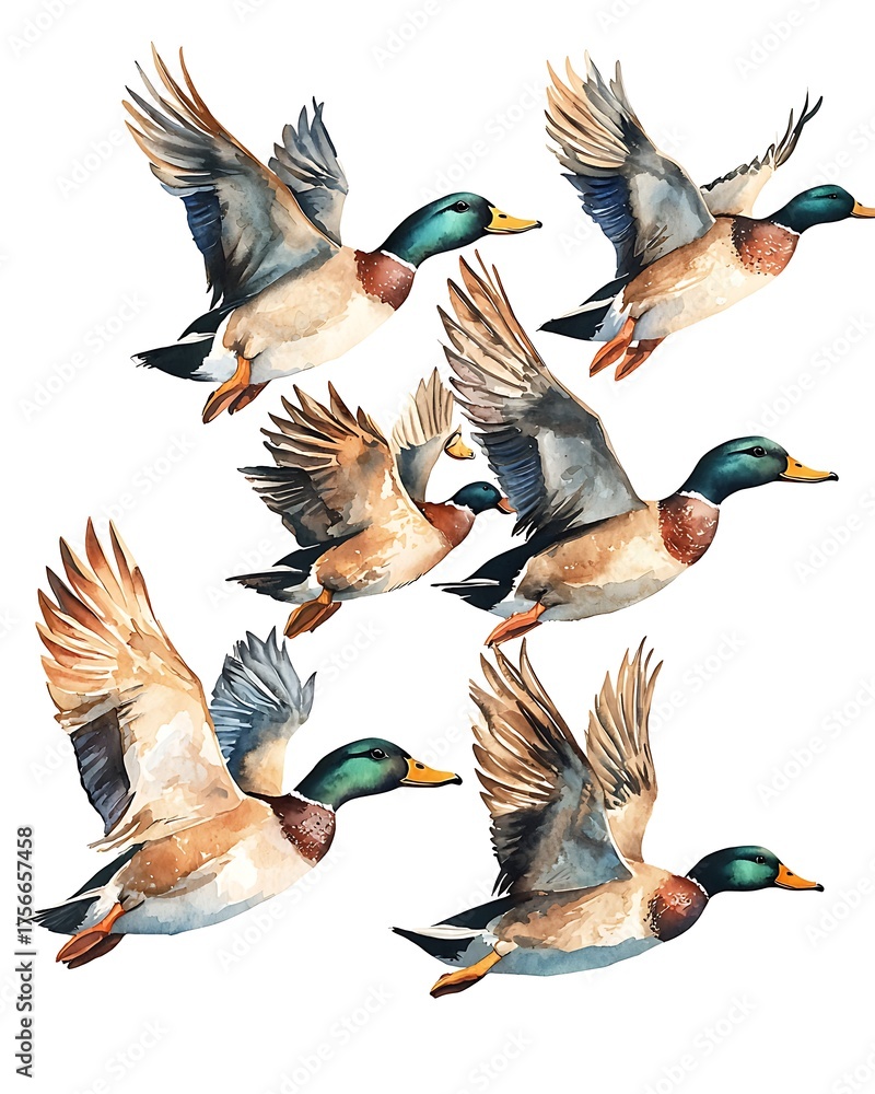 Obraz premium Flying mallard ducks watercolor painting flock illustration artwork image
