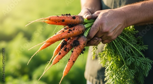 Freshly harvested carrots held by a farmer, perfect for organic food blogs or farm-to-table restaurant marketing, showcasing natural healthy eating options