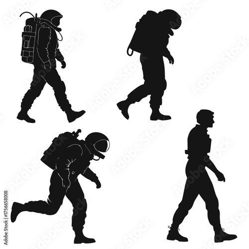 Collection of four black silhouette figures including three astronauts in different poses and one person walking