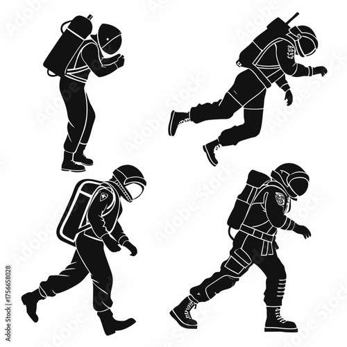 Set of four black and white silhouette illustrations of astronauts in different dynamic poses against a white background representing space exploration and scientific discovery
