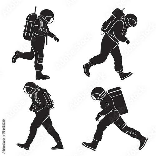 Four silhouette illustrations of astronauts in motion one running forward and three walking in different poses against a white background