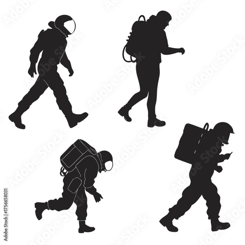 Collection of black silhouettes of astronauts and divers in various poses and actions against a white background