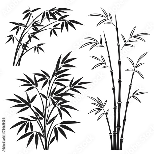 Collection of stylized black bamboo silhouettes with delicate leaves against a white background representing nature and asian culture