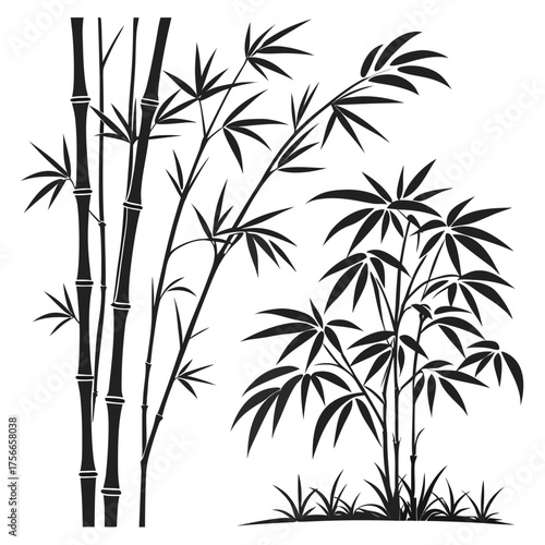 Elegant black silhouette of bamboo stalks with lush leaves and blades of grass against a clean white background