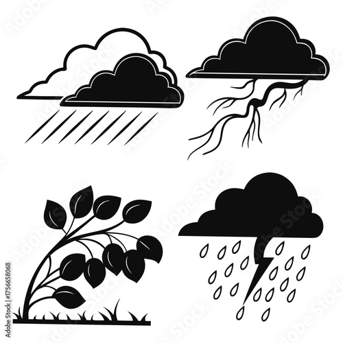 Collection of four black and white weather icons depicting rain lightning and wind affecting plants and clouds