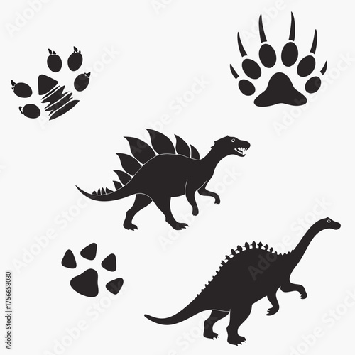 Collection of black silhouette dinosaur footprints and two distinct dinosaur species including a stegosaurus and a brachiosaurus against a white background