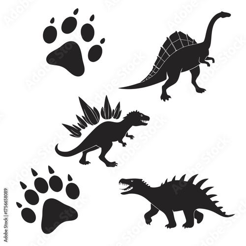 Collection of black dinosaur silhouettes including a stegosaurus and spinosaurus alongside paw prints on a white background
