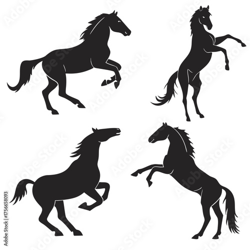 Collection of four dynamic black horse silhouettes in various powerful poses against a clean white background representing freedom and strength