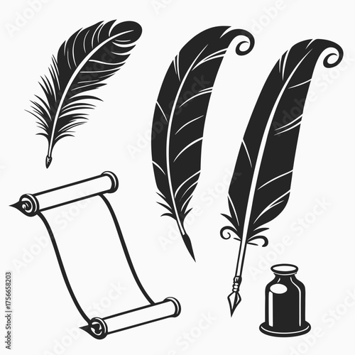 A collection of vintage writing tools including quill pens an inkwell and a rolled parchment scroll presented as black silhouettes on a white background