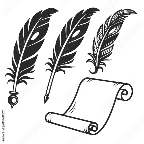 A collection of vintage quill pens and a rolled parchment scroll symbolizing writing history and literature in a classic black and white illustration