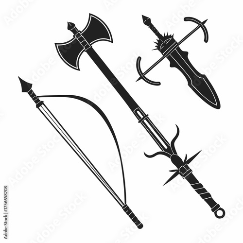 Collection of medieval fantasy weapons including a bow and arrow axe and sword with stylized designs on a white background