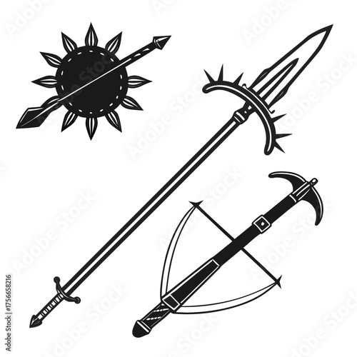 Collection of medieval weapons including a spiked halberd a sunburst mace with an arrow and a crossbow presented as black silhouettes on a white background