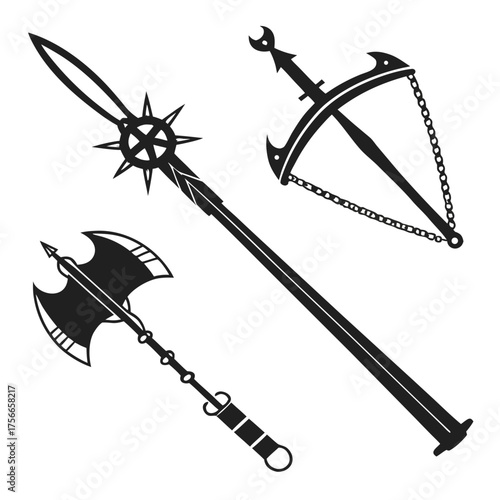 Collection of stylized fantasy weapons including a battle axe a spiked mace on a pole and a chained flail on a white background