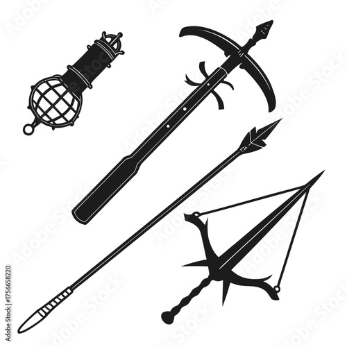 Collection of black silhouette medieval weapons including a mace a crossbow a spear and a sword on a white background