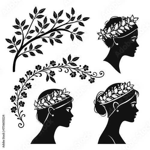Elegant black silhouette illustrations of women s profiles adorned with laurel wreaths and floral branches evoking classical beauty and nature