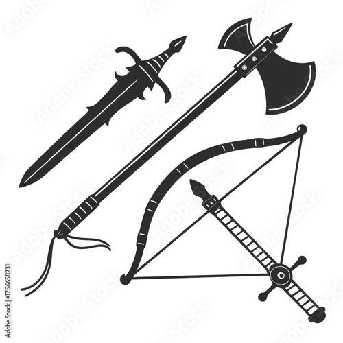Collection of medieval weapons including a sword axe and bow and arrow on a white background