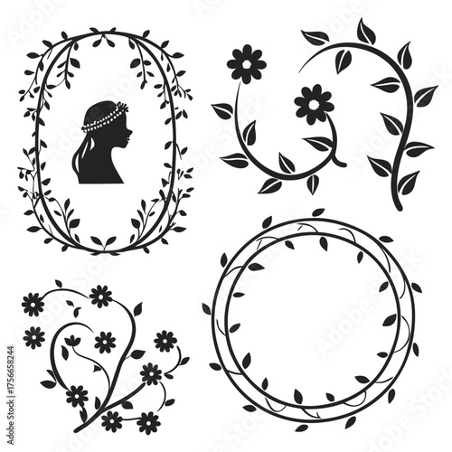 Collection of elegant black floral vine borders and decorative elements including a silhouette of a woman with a floral crown and swirling vines with flowers