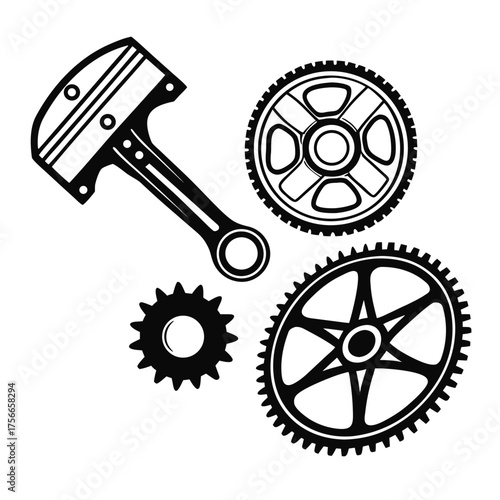 A collection of black silhouette mechanical components including a piston and connecting rod alongside various gears and sprockets on a white background