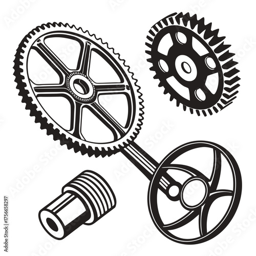 A collection of black and white mechanical gears and a cylindrical component arranged in a dynamic composition on a white background
