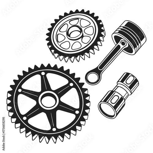 A collection of mechanical components including two gears a piston and a connecting rod presented as a clean black and white illustration