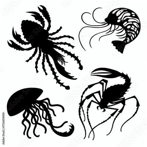 Collection of silhouettes of marine life including a jellyfish shrimp scorpion and crab on a white background