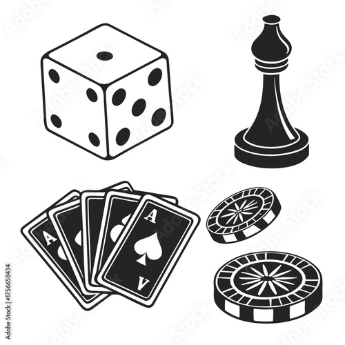 Collection of casino and board game icons including a die playing cards a chess piece and roulette chips on a white background