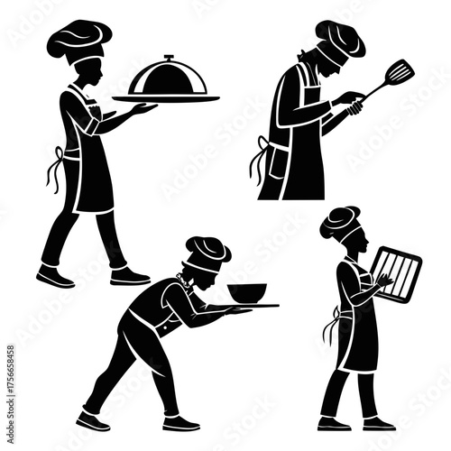Set of four black and white silhouette illustrations of chefs in various kitchen activities including serving food cooking with a spatula presenting a bowl and holding a baking rack