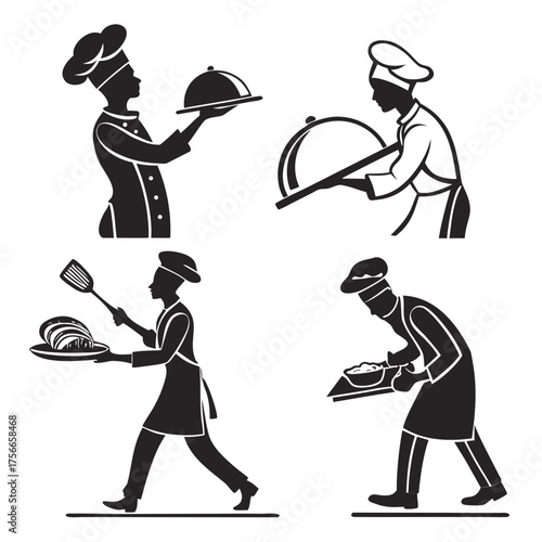 Four silhouette chefs in uniforms engaged in culinary activities presenting food and preparing dishes in a stylized artistic representation