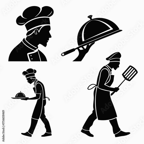 Collection of silhouette icons depicting chefs in various culinary activities including serving food and cooking with utensils