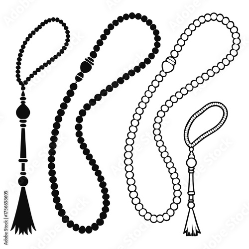 Collection of islamic prayer beads or tasbih in black silhouette and outline styles with tassels and decorative beads on a white background